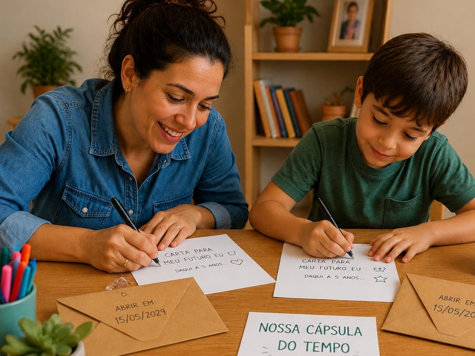 Criança escrevendo carta com expressão concentrada — Carta para o Futuro