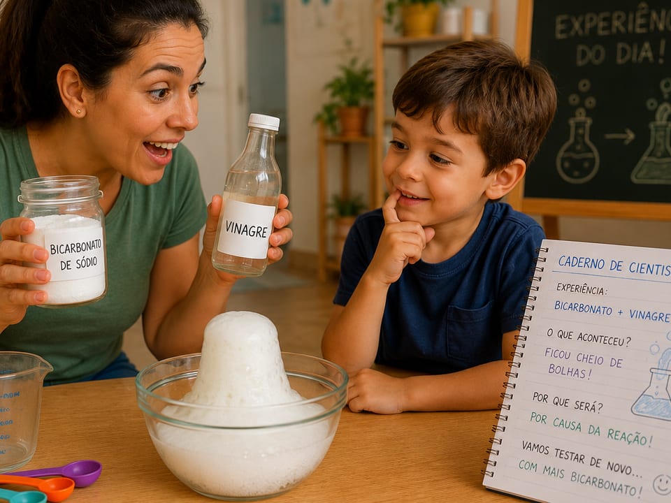 Mãe e filho fazendo experimento de bicarbonato — Cientista da Cozinha